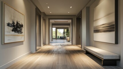 Serene Modern Hallway with Natural Light and Abstract Art