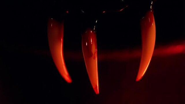Close-up of sharp vampire fangs with a hint of blood, dark background with dramatic red lighting
