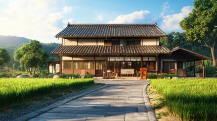 Tranquil countryside house with wooden architecture surrounded by lush greenery