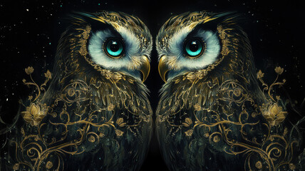 A regal pair of owls in profile against a deep black background, their feathers adorned with intricate golden tattoos that shimmer with an ethereal glow.