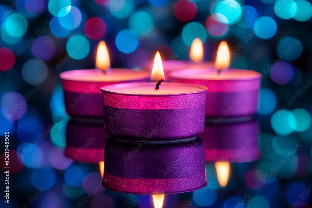 Aufkleber purple tealight candles glow softly against a colorful bokeh background in a cozy setting