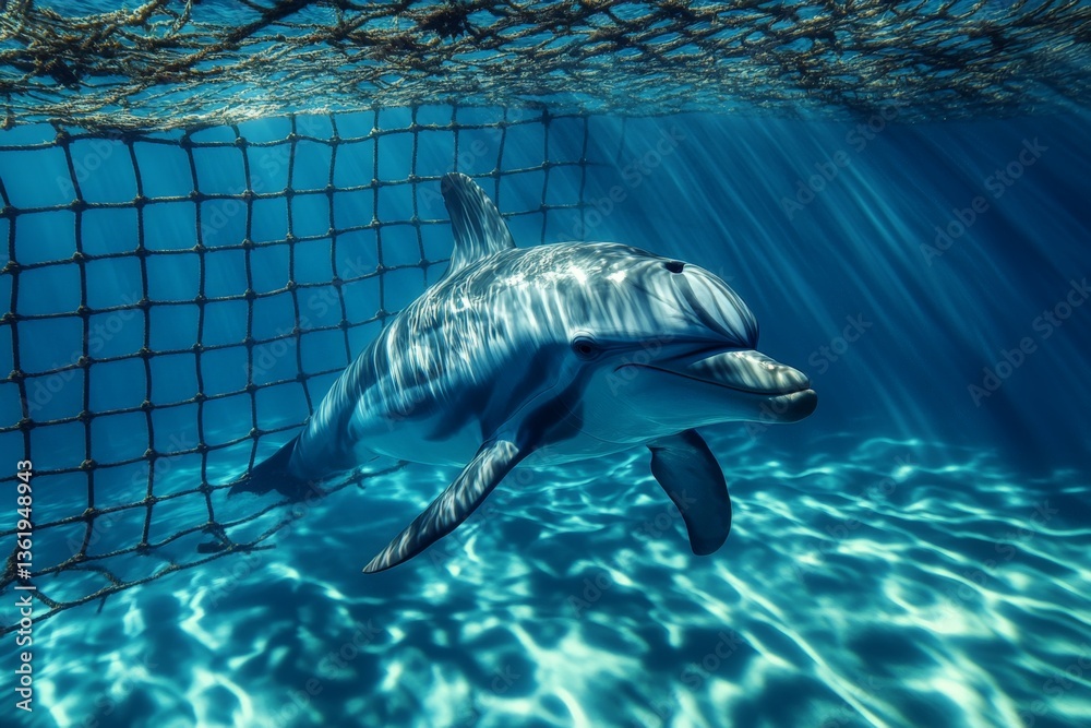 Poster dolphin swimming gracefully in clear blue water under a net with sunlight filtering through the surf