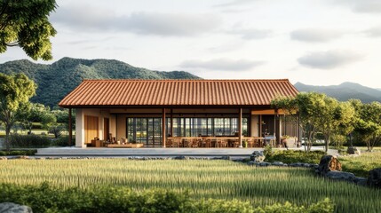Fototapeta premium Modern countryside house with outdoor seating in serene landscape at sunset