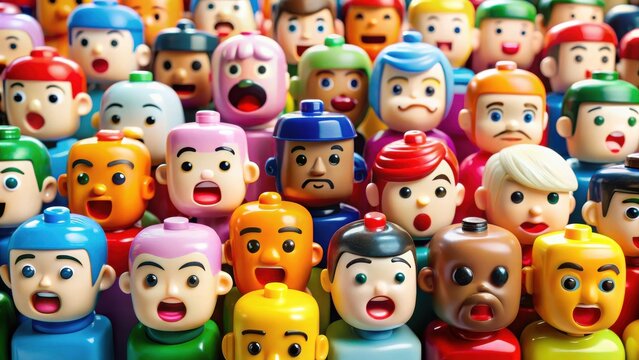 A vibrant collection of colorful toy figures with various expressions, showcasing diversity in design and style.