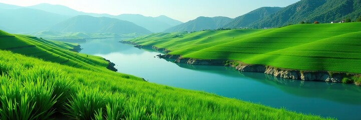 Green fields surrounded by serene blue waters, creating a tranquil and picturesque natural landscape,  environment,  peaceful