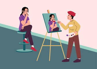 An artist paints a thoughtful model sitting on a stool while capturing their expression on canvas