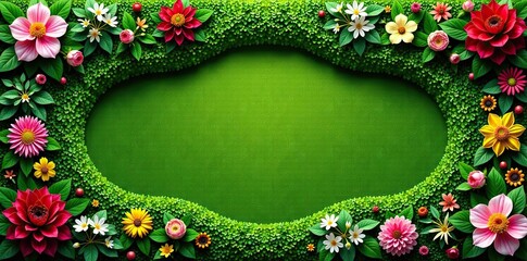 Green Flower Bed Template with various blooming flowers, arranged in a symmetrical layout with winding pathways and shrubs,  garden planning,  aerial perspective