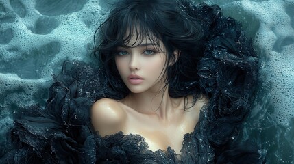 A beautiful woman lays in water with black flowing fabric