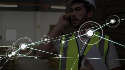 Construction worker talking on phone with network connections animation overlay - Powered by Adobe