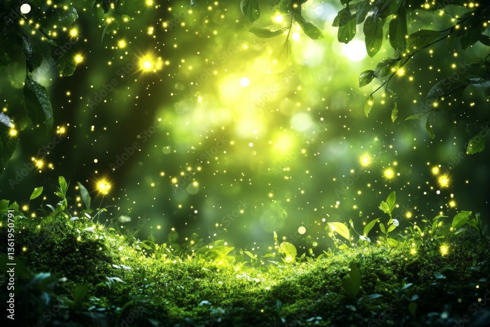 Aufkleber enchanted forest with sparkling lights illuminating lush greenery during twilight
