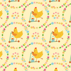 Happy Easter seamless pattern, vector illustration featuring cute hen with floral wreaths and spring elements for festive wrapping paper, textiles, and children's designs
