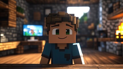 Obraz premium Happy Character in Blocky Room Design with Cozy Interior Setting