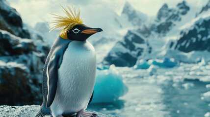 Obraz premium A macaroni penguin with vibrant yellow tufts stands on a drifting ice floe in the Antarctic, its black-and-white plumage contrasting with the icy blue landscape and distant glaciers.