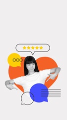 Positive emotion. Conceptual feedback illustration with cheerful girl pointing at herself, surrounded by review icons. Concept of satisfaction, recommendation, customer-driven marketing, testimonial