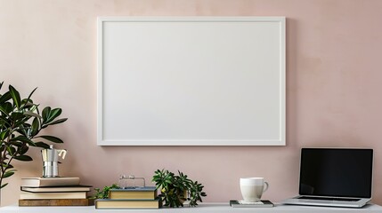 A white rectangular frame hanging above a console table in a hallway, surrounded by a coffee cup, a laptop,  HD 8K mockup wallpaper Photographic Image