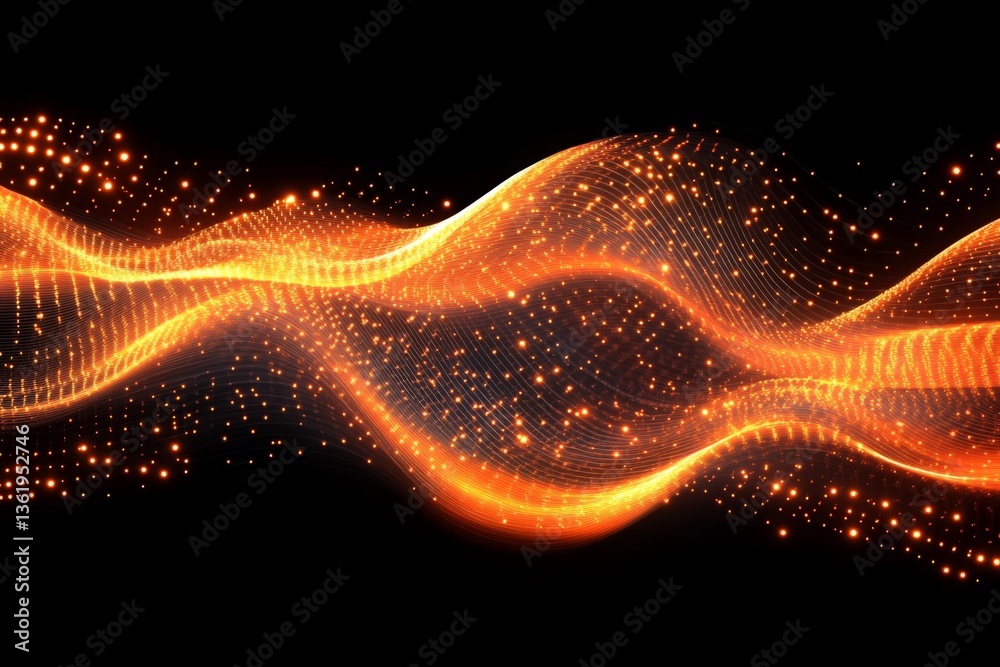 Poster Dynamic orange wave patterns with glowing particles create an energetic visual experience in a dark space