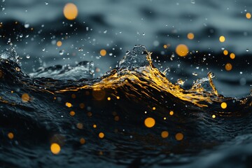 Fototapeta premium Water droplets create dynamic splashes on the surface reflecting golden light in a serene lake during dusk