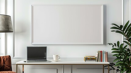 A white rectangular frame hanging above a console table in a hallway, surrounded by a coffee cup, a laptop, HD 8K mockup wallpaper Photographic Image