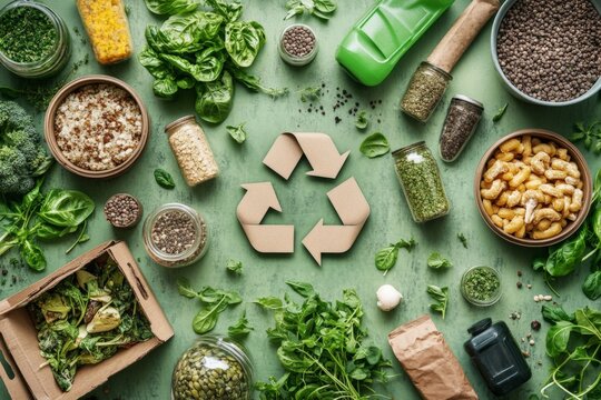 Exploring sustainable food practices with fresh produce and recycled materials on a green surface