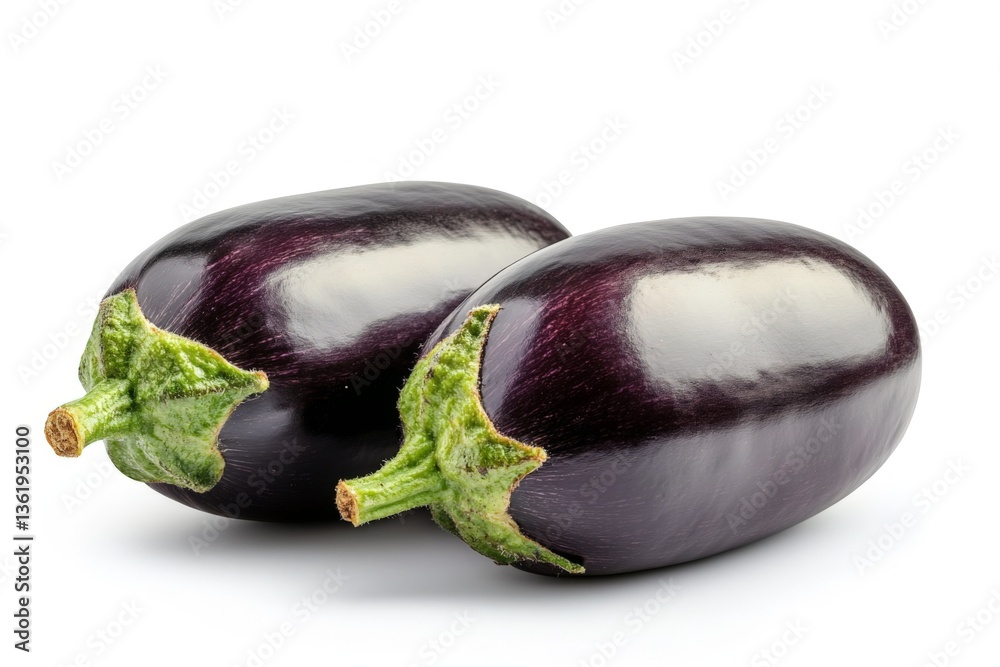 Poster fresh and glossy eggplants resting on white surface ready for culinary use in various dishes