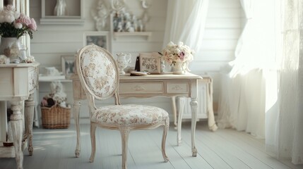 Elegant Shabby Chic Interior Design: White Room with Antique Chair and Floral Decor
