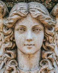 Obraz premium A historic cemetery scene with a weathered stone angel tombstone illuminated by dramatic lighting