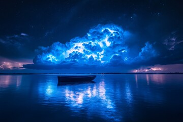 Dramatic storm clouds illuminate the night sky over a calm lake, creating a breathtaking natural spectacle