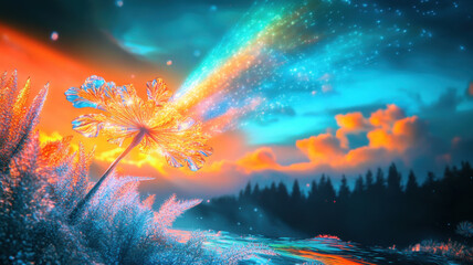 Obraz premium A dandelion of stained glass petals, its glass seeds floating skyward, refracting light into rainbows against a watercolor sky with a magical glow.