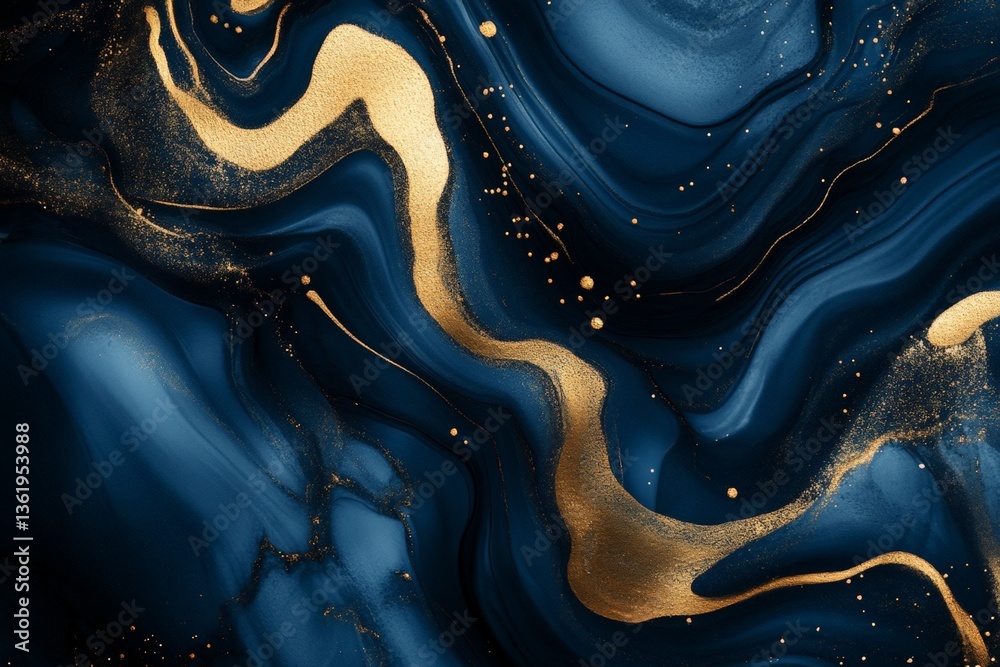 Fototapete abstract artwork featuring blue and gold fluid patterns with flowing textures and shimmering details