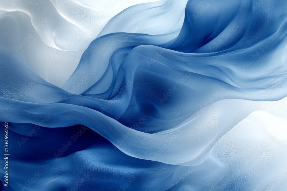 Poster Flowing blue and white fabric waves create an elegant and soothing visual experience in soft textures