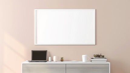 A white rectangular frame hanging above a hallway console with a cup, a laptop, and a few books. HD 8K mockup wallpaper Photographic Image