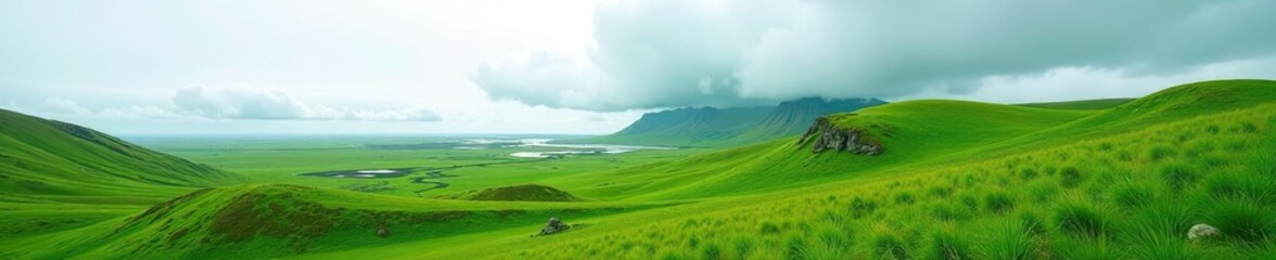 Green foliage covering the rolling landscape with a dramatic cloud on the horizon in Southern Iceland; Skaftarhreppur, Southern Region, Iceland,  travel,  landscape