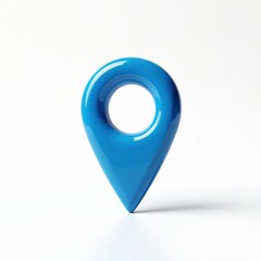 3D render of blue location pin marker. Isolated on white, glossy finish, cast shadow. GPS navigation icon, destination symbol, travel concept, journey, geolocation.