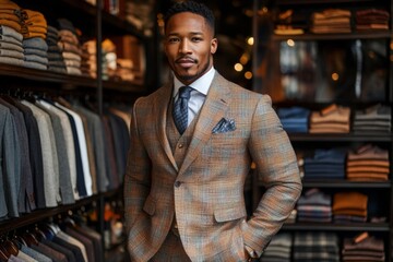 Fototapeta premium Stylish man in a tailored suit poses confidently in a trendy clothing store showcasing modern menswear
