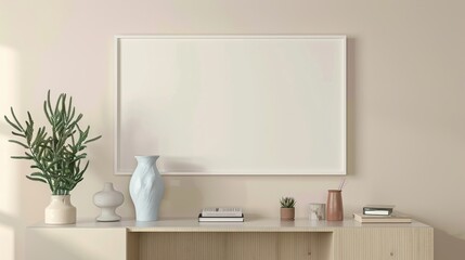 A white rectangular frame hanging above a hallway console, surrounded by a vase, small books, HD 8K mockup wallpaper Photographic Image