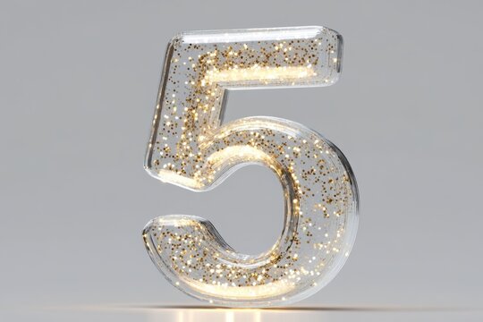 Shimmering number five made of transparent material with embedded gold glitter, ideal for celebrations and decorative displays