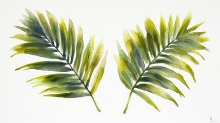 Two vibrant green palm leaves arranged symmetrically on a white background, evoking a tropical ambiance