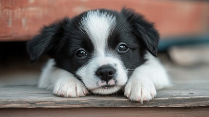 Adorable Cute Black and White Puppy looking into camera, frontal view, Happy Look, Closeup