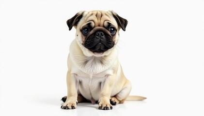Obraz premium Adorable pug dog sits alone against white background, isolated, pet portrait