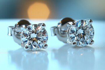Elegantly crafted diamond stud earrings displayed on a reflective surface with soft lighting in the background