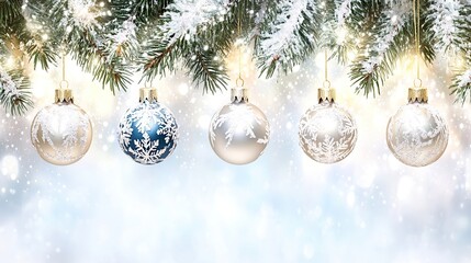 Festive winter ornaments hanging on snowy branch, bokeh background, holiday greeting