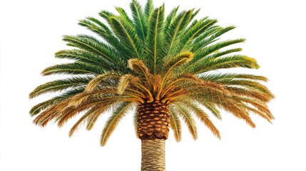 Lush palm tree with vibrant green fronds against a white background, ideal for tropical-themed designs and nature projects