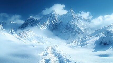 Obraz premium Snow-covered mountain range with a path leading towards majestic peaks under a vibrant blue sky.