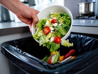 Reducing food waste: fresh salad being discarded into kitchen bin at home