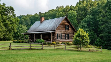 Rustic log cabin surrounded by lush green trees in a serene countryside setting