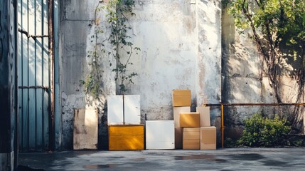 Naklejka premium Urban corner with pastel walls and decorative storage boxes