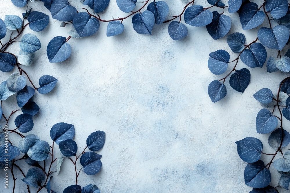 Poster blue leaves create an elegant border on a textured background for crafting and design purposes