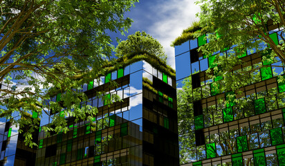 Modern Eco-Friendly Green Glass Buildings with Rooftop Gardens and Trees Reflecting Nature - 3D Illustration