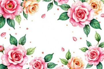 Delicate watercolor roses & leaves, repeating pattern, floral, background, botanical