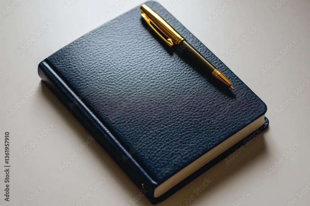 Poster stylish dark notebook with a gold pen resting on its cover, ideal for writing and reflection in a se
